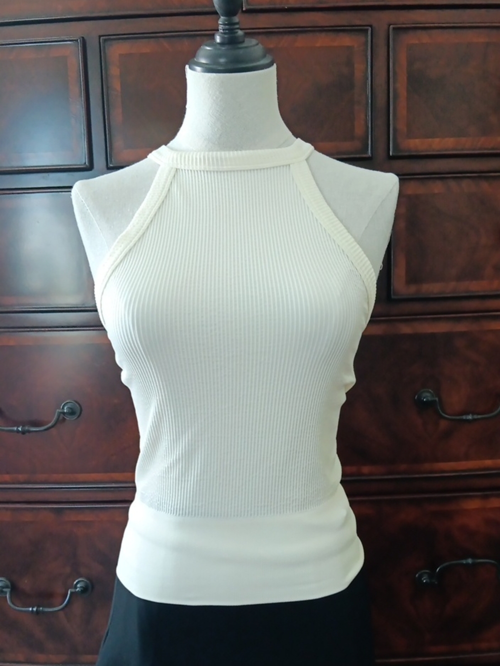 Petite Women Ribbed Halter Tank Top in Cream - Picture 1 of 6